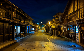 夜の灯りに浮かぶ犬山城下町